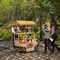 Vintiquewise Versatile Multi-Tier Shelves Wooden Rolling Cart - Perfect for Festival, Event Stand, Food Tasting Table, Garden Floral Display Rack, & Home Decor with Straw Roof and 2 Black Wheels